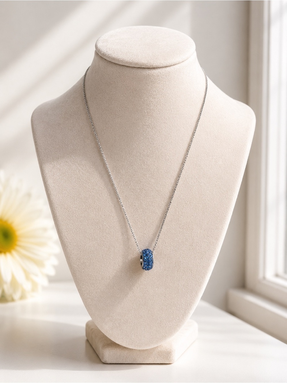 Blue Crystal Charm Necklace Silver Chain Dainty Minimal Pendant Gift